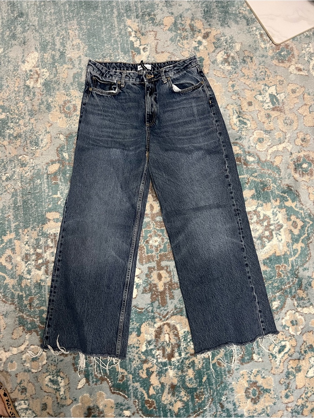 Zara Dark Blue Wide-Leg Frayed-Hem Jeans